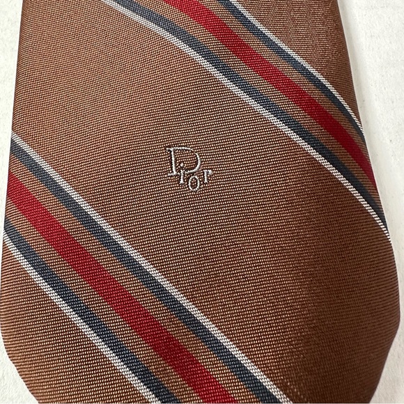 Christian Dior Tie Brown with Tiny Red & Cream Stripes Luxury Wear w/Logo - Picture 2 of 8